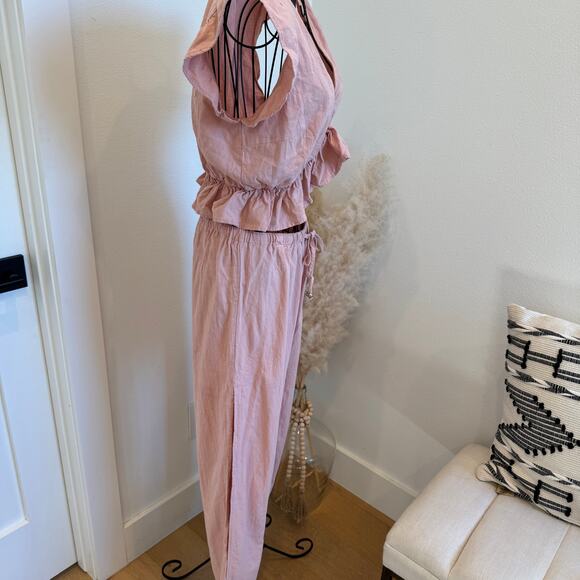 Fancyinn 2-Piece Summer Set | Pink Ruffle Crop Top & Side Slit Wide Leg Pants-M - Picture 4 of 10